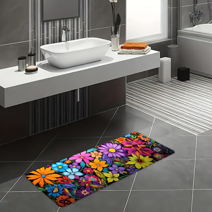 1pc Vibrant Floral Kitchen Mat - 0.8mm Thick, Soft & Thickened, Machine Washable Rectangular Mat for Laundry Room, Bathroom, Living Room, Bedroom - Colorful Flowers Design, Polyester 100.0%, Kitchen Rugs