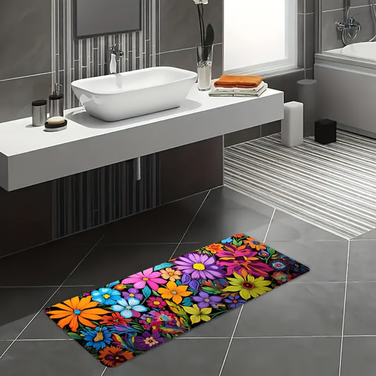 1pc Vibrant Floral Kitchen Mat - 0.8mm Thick, Soft & Thickened, Machine Washable Rectangular Mat for Laundry Room, Bathroom, Living Room, Bedroom - Colorful Flowers Design, Polyester 100.0%, Kitchen Rugs