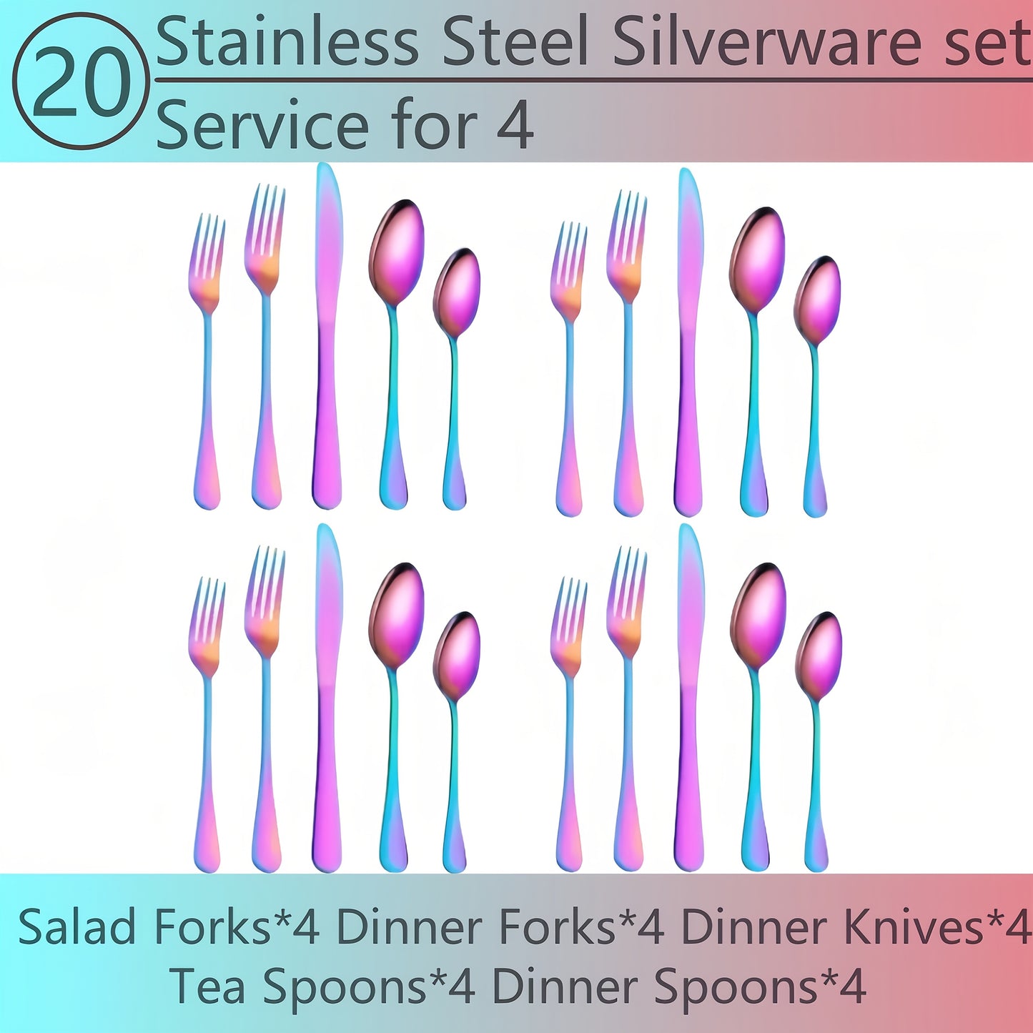 Flatware Set for 12, 60-Piece 304 Stainless Steel Cutlery Set with Mirror Polish & Titanium Plated Finish — Dishwasher Safe Silverware with Knife, Fork & Spoon | Silver, Gold & Rainbow