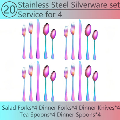 Flatware Set for 12, 60-Piece 304 Stainless Steel Cutlery Set with Mirror Polish & Titanium Plated Finish — Dishwasher Safe Silverware with Knife, Fork & Spoon | Silver, Gold & Rainbow