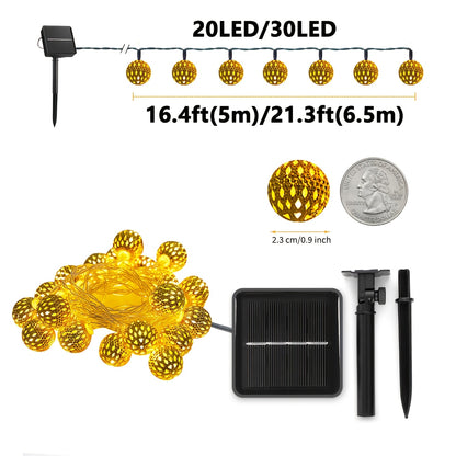 Moroccan Style Outdoor Solar Light String-50/30/20 LED Beads, 8 Modes of Metal Sphere Solar Lights, IPX65 Fairy Lights, Suitable for Easter, Birthdays, Mother'S Day, Parties, Weddings, Holiday Decoration, Courtyards, Lawns, Christmas Trees