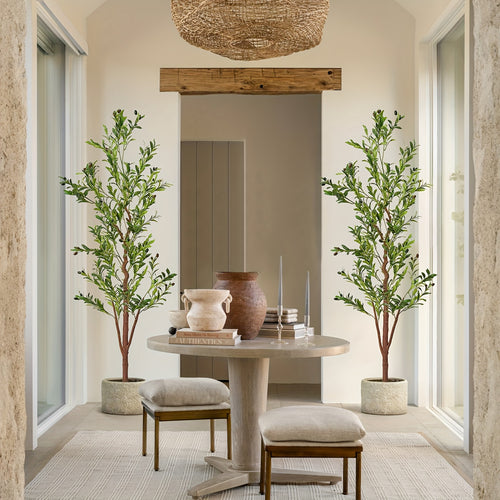 Realistic Artificial Olive Tree with Container | Large Multi-Trunk Design | Indoor & Outdoor Decor | Includes Leaves and Fruits