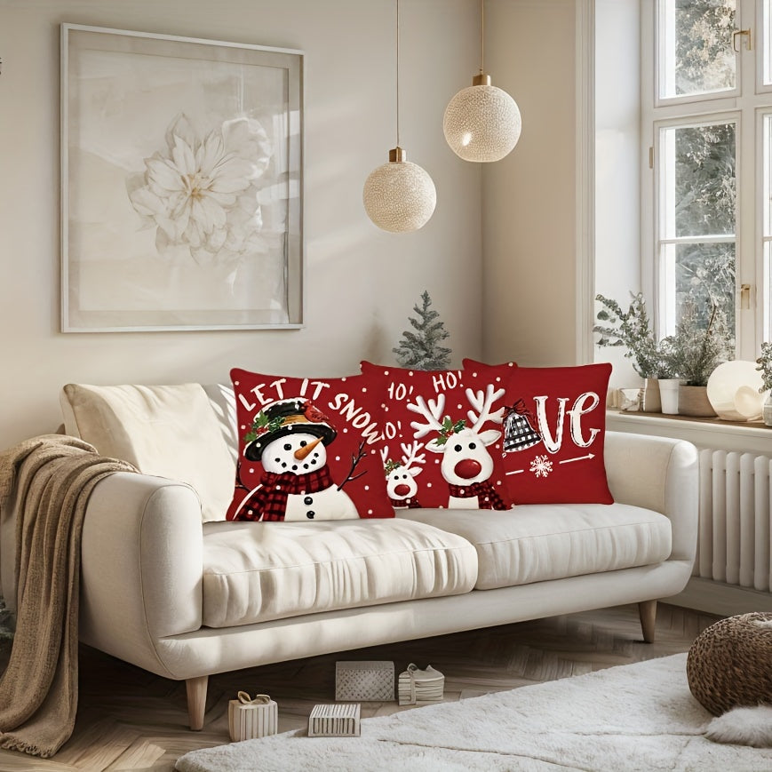 4pcs, Merry Christmas Throw Pillow Covers, Cute Reindeer Snowman Buffalo Plaid Print Cushion Covers, 18in*18in, Winter Holiday Farmhouse Home Decor Pillowcases, for Porch Patio Couch Sofa Living Room Outdoor, Set Of 4, Without Pillow Inserts