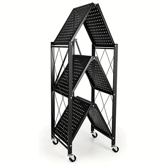 3-Layer Foldable Storage Rack with Wheels | High Load-bearing Capacity, Suitable for Garage and Kitchen Use, Black Iron Shelving Unit, Practical and Multipurpose, Utility Racks