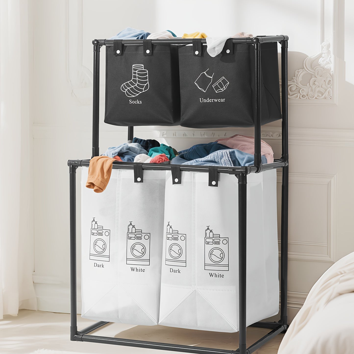 Double Laundry Basket with Removable Bins (No Wheels) - Collapsible 2-Tier Laundry Sorter - Oxford Fabric & Frame - Clothes Hamper for Kids, Adults, Travel, Add 10 Cable Ties for Securing