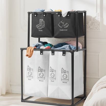 Double Laundry Basket with Removable Bins (No Wheels) - Collapsible 2-Tier Laundry Sorter - Oxford Fabric & Frame - Clothes Hamper for Kids, Adults, Travel, Add 10 Cable Ties for Securing