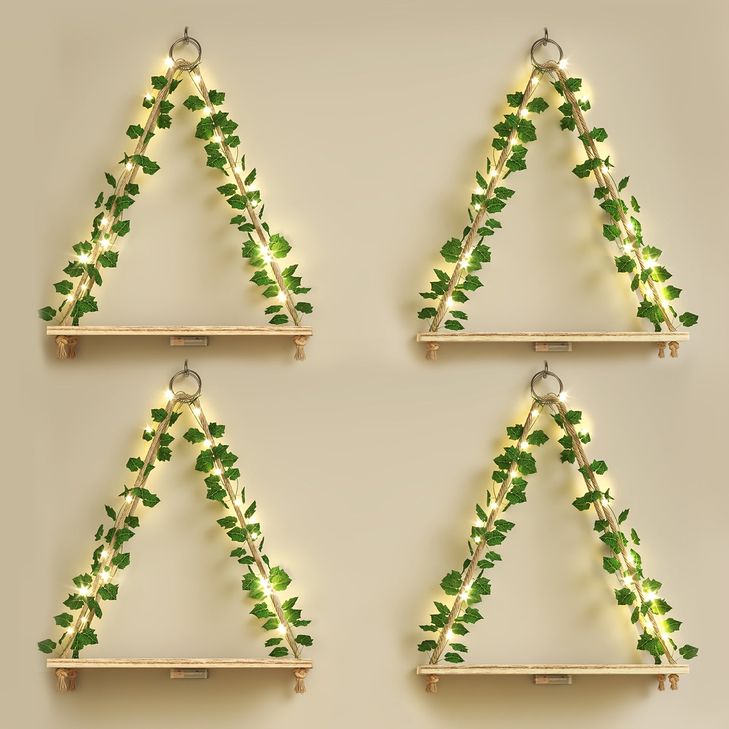 TOMNK 2pcs/3pcs/4pcs Artificial Ivy LED-Strip Floating Shelves, Macrame Hanging Shelves Plant Wall Decor, Rustic Boho Wood Wall Storage Shelves For Bedroom, Living Room, Bathroom Decor, 15.7 Inches