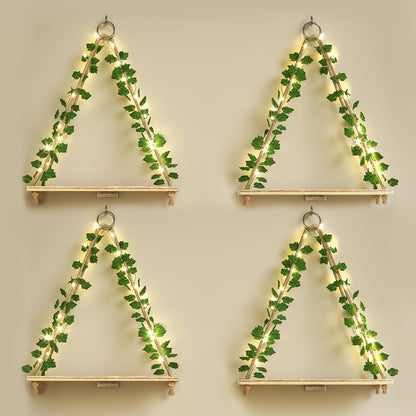 TOMNK 2pcs/3pcs/4pcs Artificial Ivy LED-Strip Floating Shelves, Macrame Hanging Shelves Plant Wall Decor, Rustic Boho Wood Wall Storage Shelves For Bedroom, Living Room, Bathroom Decor, 15.7 Inches