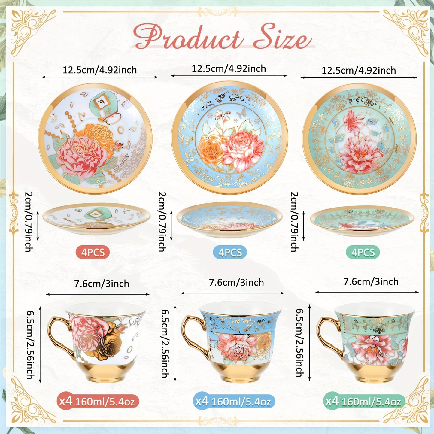 Set Of 12 Tea Cups And Saucers Tea Party Decorations Floral Porcelain 5.4 Oz British Gift For Women Birthday Party, Church, And Mother'S Day (Classic Style)