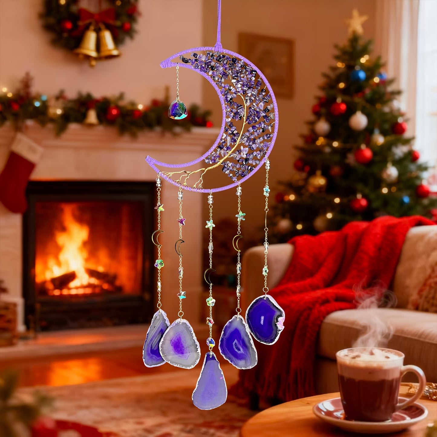 Handmade Moon Agate Tree Hanging Ornament, Unique Boho Suncatcher, Birthday Holiday Christmas Gift for Mom, Friends & Her
