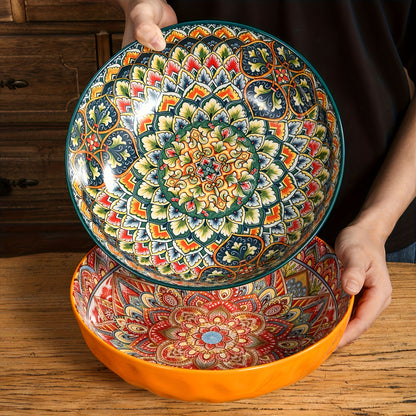 TAUFIKT 2pcs Bohemian Floral Ceramic Soup Bowl Set 25.8cm/10.15in Microwave-safe Hand-painted Design Vintage Tableware Perfect for Cooking And Dining Ideal Festive Gift Christmas, Valentine's Day, Thanksgiving