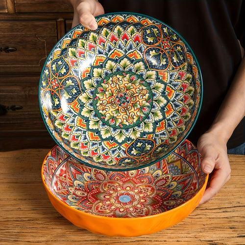 TAUFIKT 2pcs Bohemian Floral Ceramic Soup Bowl Set 25.8cm/10.15in Microwave-safe Hand-painted Design Vintage Tableware Perfect for Cooking And Dining Ideal Festive Gift Christmas, Valentine's Day, Thanksgiving