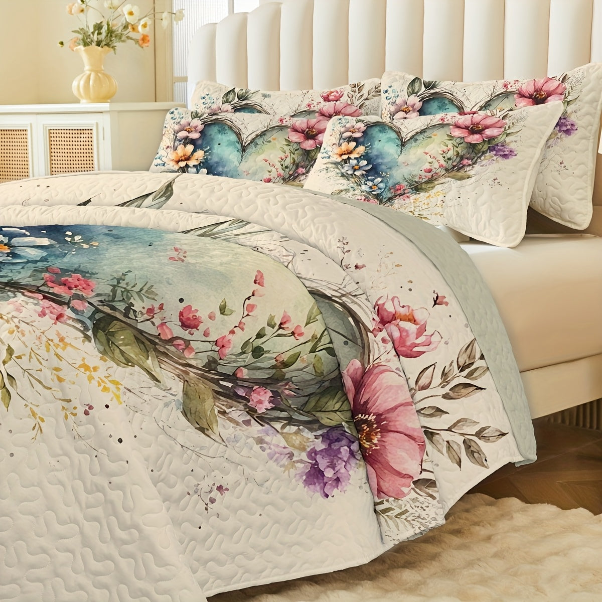 2/3pcs Floral Lightweight Comforter Quilt Set Queen King Twin Full Size for Girl Women Mother'S Day Gift, Boho Bedspread Coverlet Blanket Bed Cover for Spring Summer Autumn, Soft Breathable Microfiber White Reversible Comforter Patchwork Bedding
