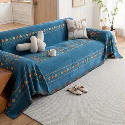 1pc Bohemian Sofa Cover with -Style Embroidery - Chenille Fabric Fit for Single/Double/Triple/Quad Sofas, Sofa Compatible for -Section Couches, Machine Washable (No Padding)