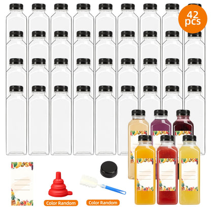 TOMNK 36pcs/42pcs/56pcs 16oz Plastic Juice Bottles with Caps, Refrigerator Juice Container with Lid, Reusable Container And Clear Beverage Bottle Can Hold Juice, Smoothies, Milk, for Halloween And Christmas. Funnel & Brush (Color Random).