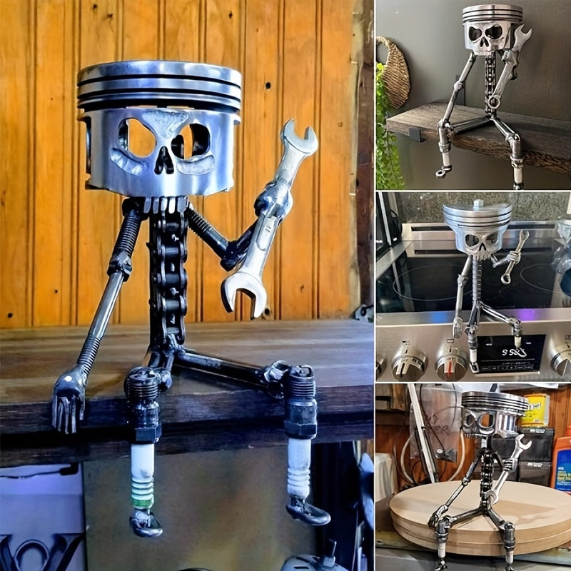 Hand-Painted Industrial Gothic Decor - Mechanical Piston Skull Sculpture with Holding a Wrench, Non-Electric Desk Decoration for Garage, Office, for Man Cave - Perfect Gift for Engineers, Car Lovers, Mechanics - Durable Resin Construction, Garage Decor, S