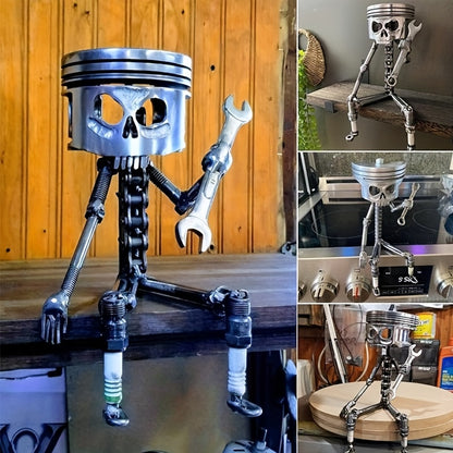 Hand-Painted Industrial Gothic Decor - Mechanical Piston Skull Sculpture with Holding a Wrench, Non-Electric Desk Decoration for Garage, Office, for Man Cave - Perfect Gift for Engineers, Car Lovers, Mechanics - Durable Resin Construction, Garage Decor, S