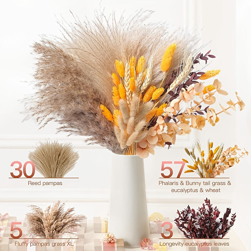 Boho Pampas Grass Dried Flower Arrangement – Lavender Eucalyptus Bouquet with Gemstone Accents for Home Decor, Rustic Wedding Centerpiece & Bohemian Bedroom Vase Filler