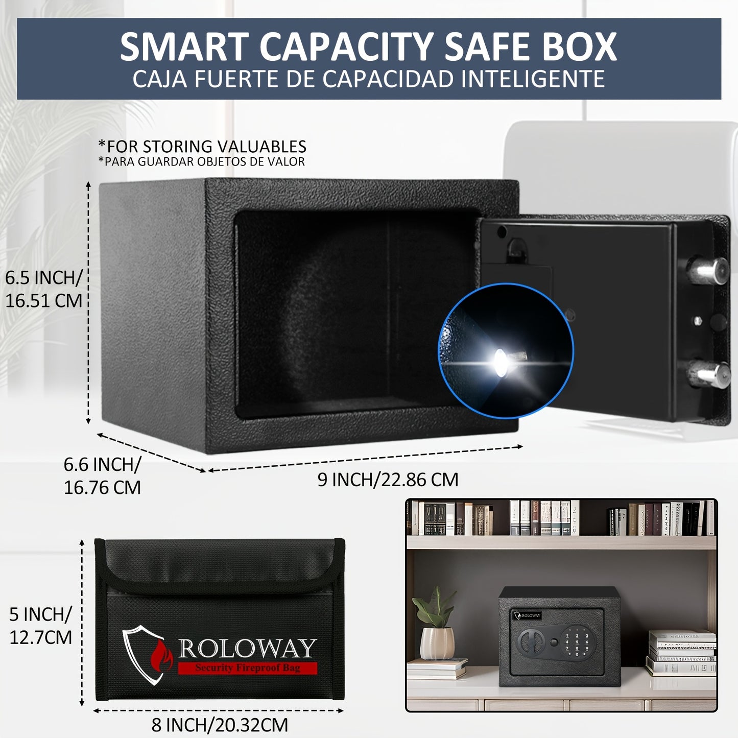 ROLOWAY Safe Box with Keys | Includes Heat-Resistant Fireproof Bag |Secure Home & Office Storage Solution (Black)Christmas Gifts, Boyfriend's Gift