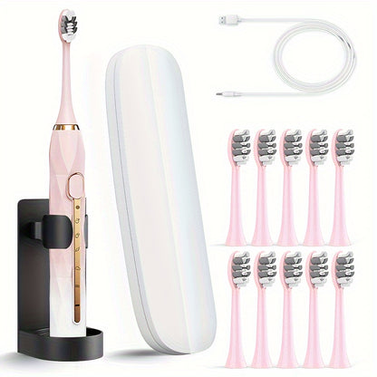 Sonic Electric Toothbrush IPX8 Waterproof USB Rechargeable with 10 Replacement Heads, Intelligent Timer, Travel Case & Charging Base – 5 Colors for Men & Women