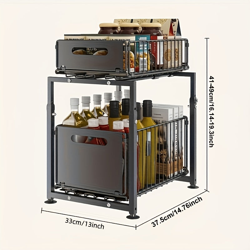 2-Tier Slide-Out Under Sink Organizer, Sliding Drawer Organizer, Metal Basket for Storing in Kitchen And Bathroom, Height Adjustable, Under-Sink Cabinet Organizer