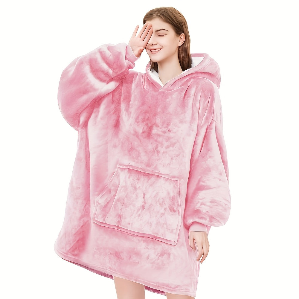 A Super Soft And Comfortable Plush Hooded Shirt, Double-Sided Wearable Blanket, Super Soft Reversible Hooded Blanket with Kangaroo Pocket, Machine Washable, Lazy Nightgown Dress