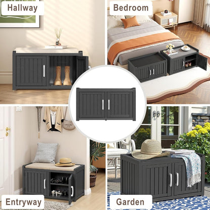 Entryway Shoe Storage Bench, Shoe Storage Bench with Hidden Cabinet, Indoor Outdoor Use, for Porch, Patio, Mudroom & Hallway - All-Weather Resin Design