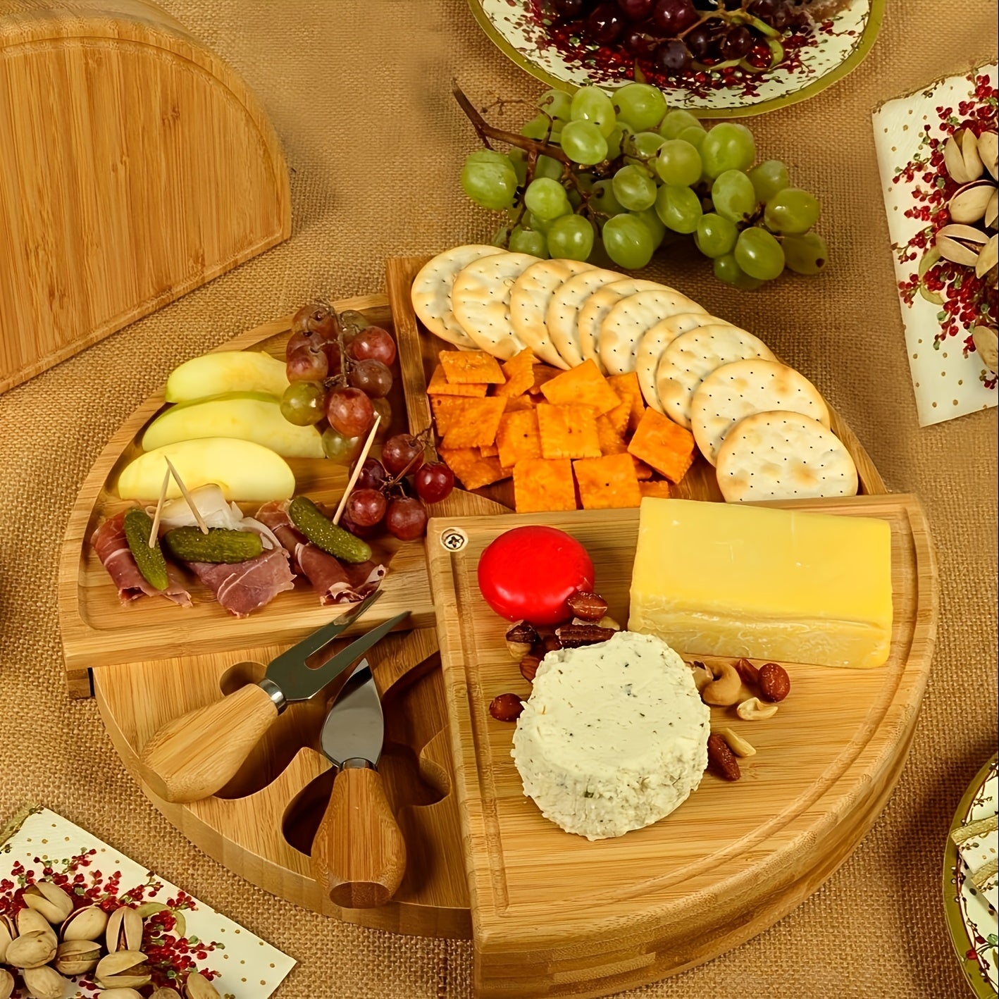 1 Set of Bamboo Cheese Knives, Bread Cheese Platter, And Fruit Snack Serving Tray