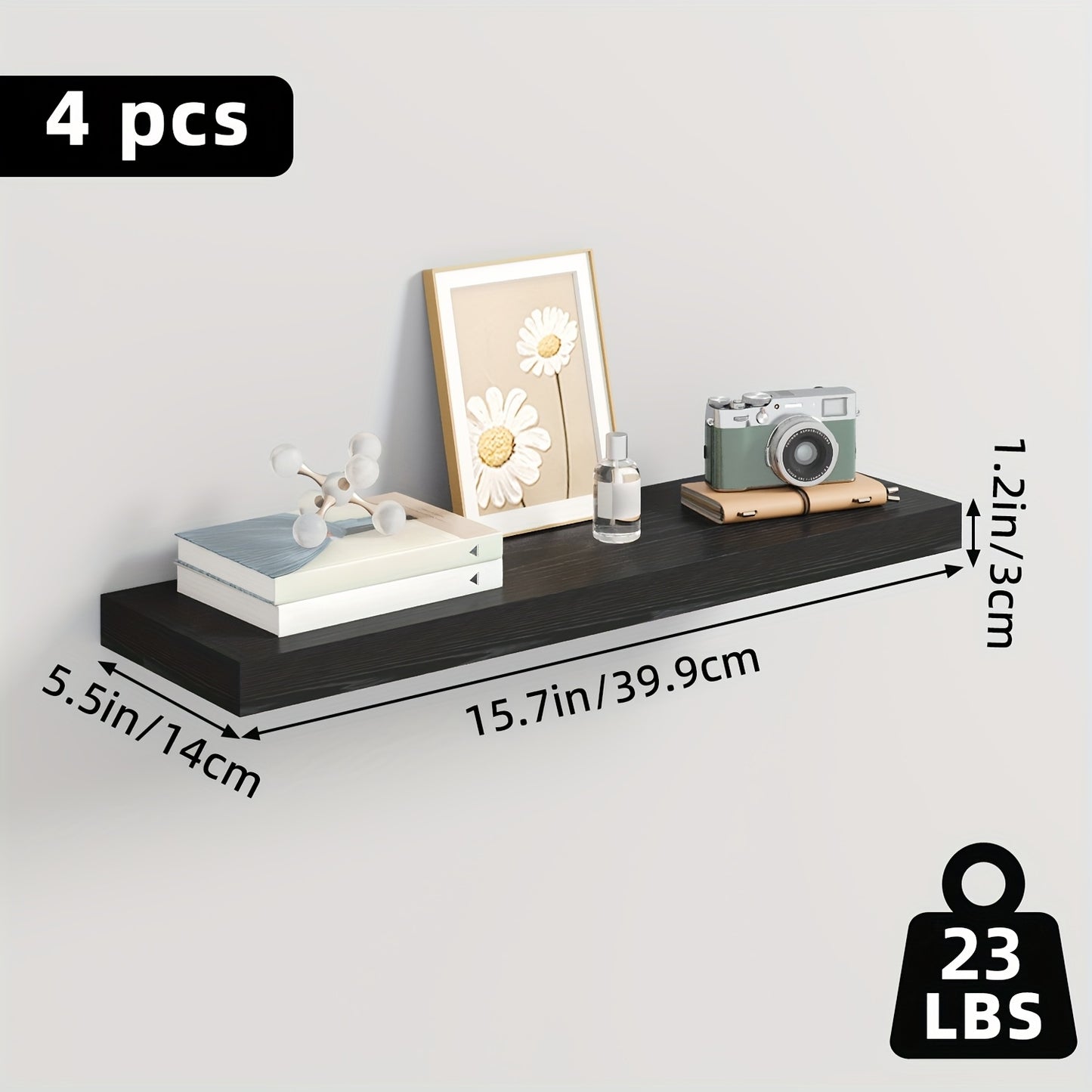 TOMNK 2/4/6pcs Set Floating Shelves, 15.7-inch/19.7-inch/22-inch Wooden Wall-Mounted Shelves, Suitable for Home Decor in Living Rooms and Kitchens, Strong Load-Bearing Capacity, Can Be Installed in Bathrooms, Bedrooms, Living Rooms, or Kitchens