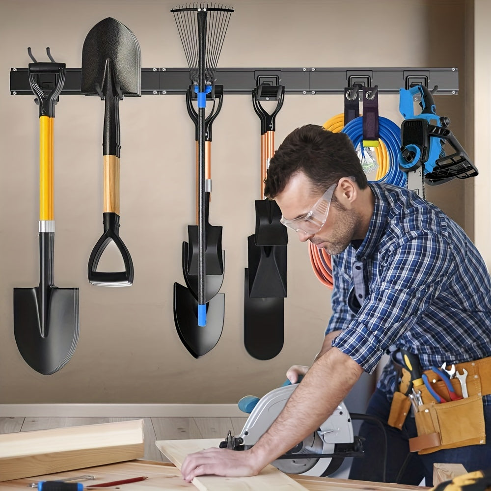 Garage Tool Organizer Wall Mount with Adjustable Swivel Buttons, 48" Garden Tool Organizer, 1 Double Hook, 5 Straight Hooks Hold Up to 420lbs, Garage Storage for Yard Tool/Broom/Shovels/Trimmers/Hoses, Utility Shelves