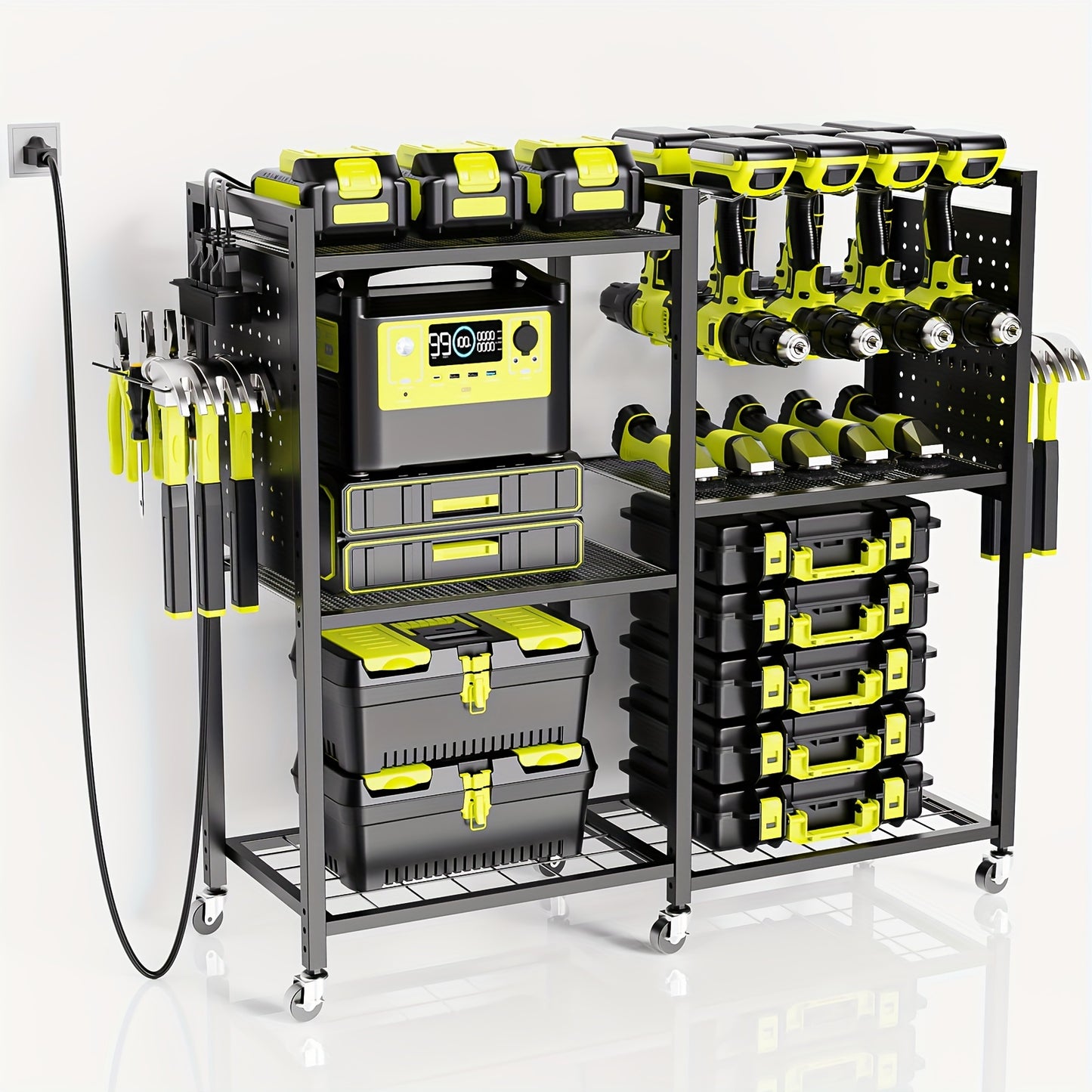 Geawokyie Power Tool Organizer Featuring a Charging Station, a Mobile Tool Cart Equipped with 12 Drill Holders, 5 Storage Shelves, And a Utility Rack Toolbox That Includes a Battery Charging Power Strip, Suitable for Garages, Workshops, And More