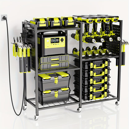 Geawokyie Power Tool Organizer Featuring a Charging Station, a Mobile Tool Cart Equipped with 12 Drill Holders, 5 Storage Shelves, And a Utility Rack Toolbox That Includes a Battery Charging Power Strip, Suitable for Garages, Workshops, And More