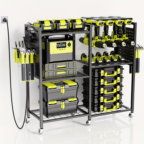 Geawokyie Power Tool Organizer Featuring a Charging Station, a Mobile Tool Cart Equipped with 12 Drill Holders, 5 Storage Shelves, And a Utility Rack Toolbox That Includes a Battery Charging Power Strip, Suitable for Garages, Workshops, And More
