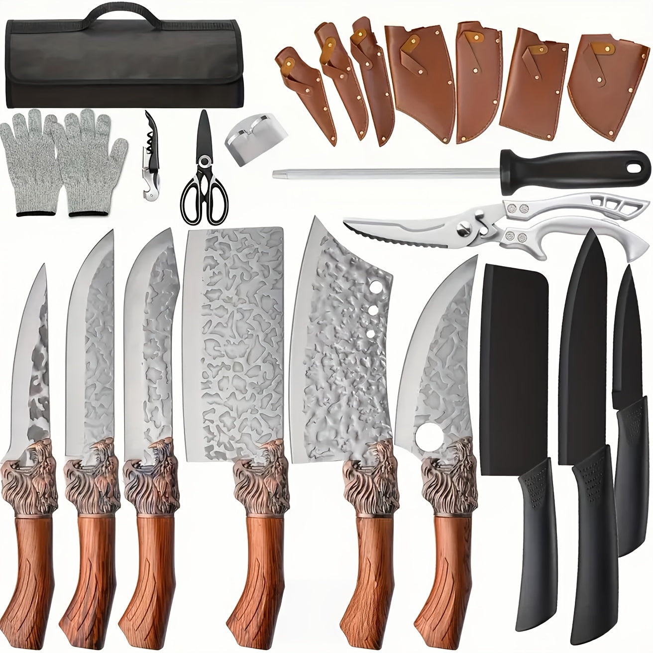 Professional Kitchen Knife Set, Forged Blades, Chef'S Knife, Meat Knife, Carving Knife, Cleaver, Full Tang Design, Includes Poultry Shears, Birthday And Gift for Women