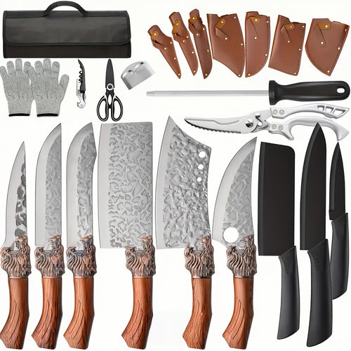 Professional Kitchen Knife Set, Forged Blades, Chef'S Knife, Meat Knife, Carving Knife, Cleaver, Full Tang Design, Includes Poultry Shears, Birthday And Gift for Women