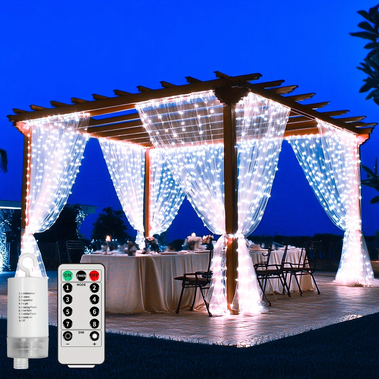 Upgraded Version of Gazebo Curtain Lights Featuring 330, Battery-Operated, Outdoor Use with IP65 Rating, 10Ft X 10Ft Flashing Hanging Waterfall Lights Equipped with Remote Control, 8 Dimmable Modes, Perfect for Fairy in Bedrooms, Porches