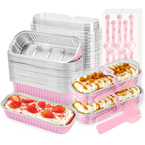 100 Pack Mini Cake Pans with Lids And Spoons Rectangular Aluminum Foil Baking Pans Mini Cheesecake Containers(6.8oz)