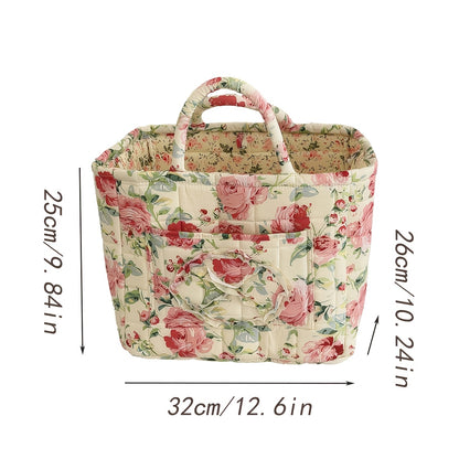 Floral Storage Basket Large Capacity Quilted Vintage Flower Pattern Portable Home Organizer Basket for Shelf Bedroom Closet Living Room Pink Peony Red Marigold Boho Decor