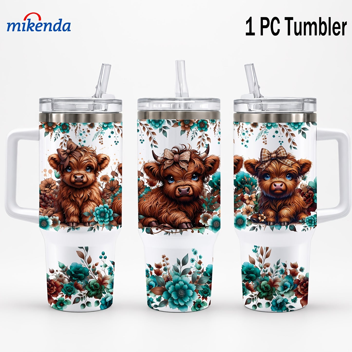 1 40 Oz Double Wall Stainless Steel Vacuum Insulated Mug, Three Highland Cows Surrounded By Teal Blooms And Lush Green Leaves, Unmatched Heat Retention, Durable And Portable, 24 Hours Cold, 12 Hours Hot, Fathers Day Gift