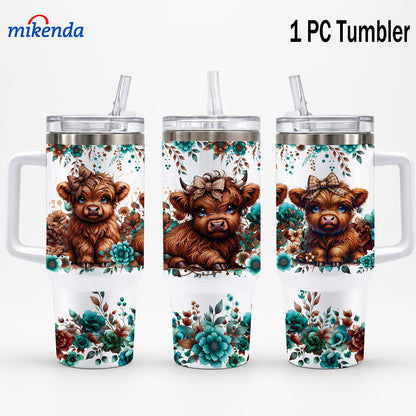 1 40 Oz Double Wall Stainless Steel Vacuum Insulated Mug, Three Highland Cows Surrounded By Teal Blooms And Lush Green Leaves, Unmatched Heat Retention, Durable And Portable, 24 Hours Cold, 12 Hours Hot, Fathers Day Gift