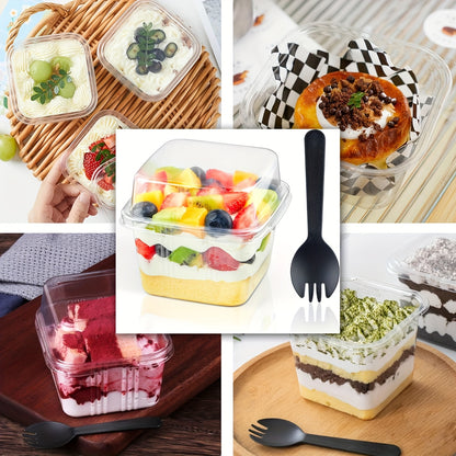 100pcs 8Oz Square Clear Plastic Dessert Cups with Lids And Sporks Disposable Cake Cups for Pudding Fruit Mousse Yogurt Shortcake Ice Cream for Christmas Thanksgiving Valentine'S Day Party Supplies