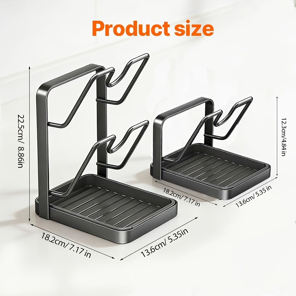 304 Stainless Steel Pot Lid Holder While Cooking, Kitchen Pot Lid Organizer, Multifunctional Storage Rack for Stove Top with Removable Drip Tray for Spatulas, Ladles, Large Lids, Black Double-Layer