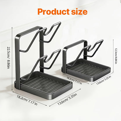 304 Stainless Steel Pot Lid Holder While Cooking, Kitchen Pot Lid Organizer, Multifunctional Storage Rack for Stove Top with Removable Drip Tray for Spatulas, Ladles, Large Lids, Black Double-Layer