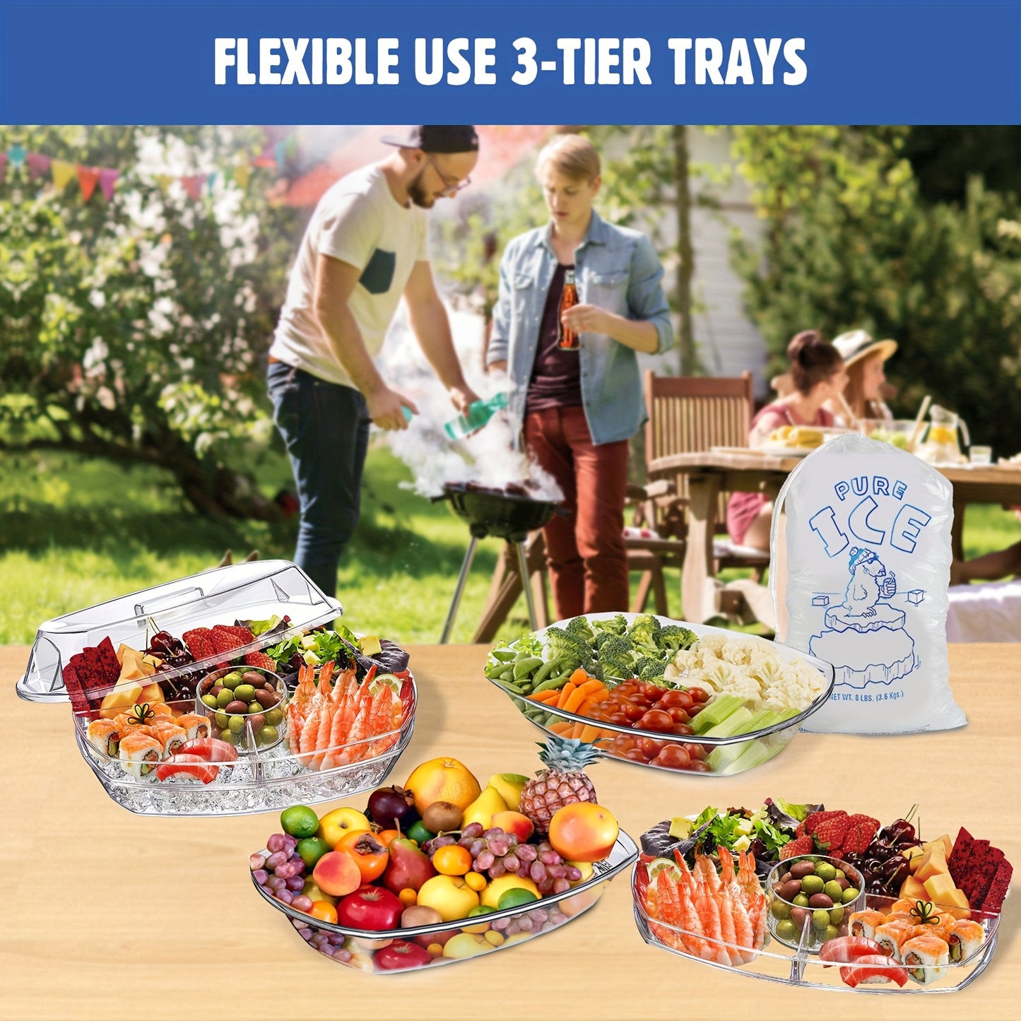 Chilled Condiment Pots with Lid, Veggie On Ice 15-Inch Round Plastic Appetizer Serving Tray with Flip Top Lid And Ice Tray - Multipurpose, Freezer Safe, Dishwasher Safe, BPA-Free Kitchen Serving Bowl for Parties