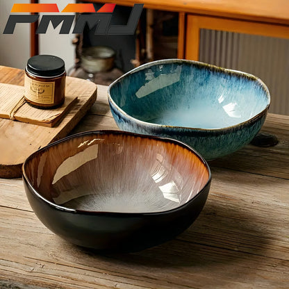 9 Inch Ceramic Salad Soup Plate - Brown Blue Gradient with Unique Irregular Edge Design, Handcrafted Artisan Tableware, Dishwasher Safe for Family Dining & Guest Hospitality