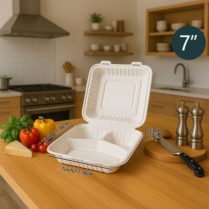 Disposable Food Containers Take Out Boxes with Lids - 7" 8" 9" Plastic Clamshell Meal Prep Containers BPA Free 1 & 3 Compartment Heavy Duty Reusable White