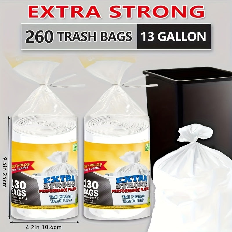 2 Rolls260 Bags 13 Gallon White Expandable Heavy Duty Multi-purpose Disposable Trash Bags - Super Strong, Leak-proof, Odor-resistant, Suitable for Bedrooms, Kitchens, Living Rooms, Outdoors, and Bathrooms - A Convenient and Sanitary Waste Solution
