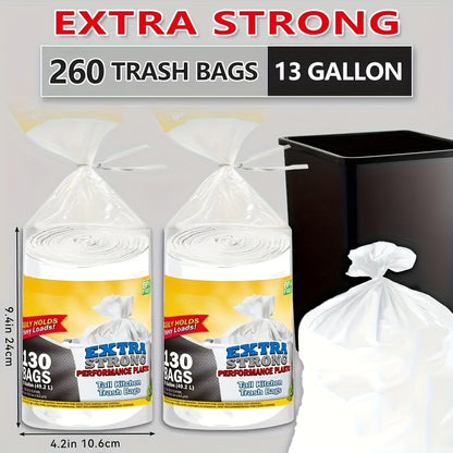 2 Rolls260 Bags 13 Gallon White Expandable Heavy Duty Multi-purpose Disposable Trash Bags - Super Strong, Leak-proof, Odor-resistant, Suitable for Bedrooms, Kitchens, Living Rooms, Outdoors, and Bathrooms - A Convenient and Sanitary Waste Solution