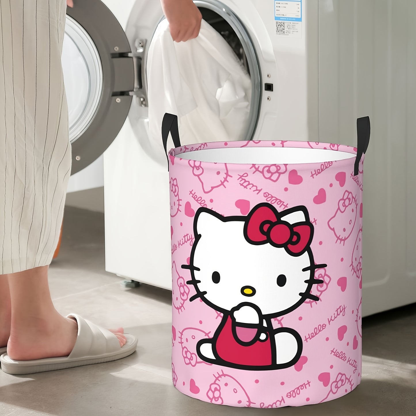 Sanrio Official Hello Kitty Laundry Basket - Cute Iconic Face Collapsible Hamper with Sturdy Handle, Portable Oxford Cloth Portable Storage Suitable for &, Laundry (), Laundry Baskets