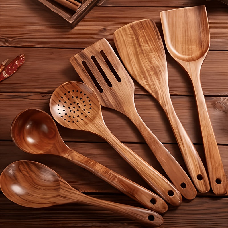 6/10pcs Wooden Kitchen Utensils, Non-Stick Cookware Set, Natural Wooden Spoon, Mixing Spatula And Wok Spatula With Ergonomic Handle, Suitable For Non-stick Pans, Heat-resistant, Easy To Clean And Durable Kitchen Essential Cookware Accessories.